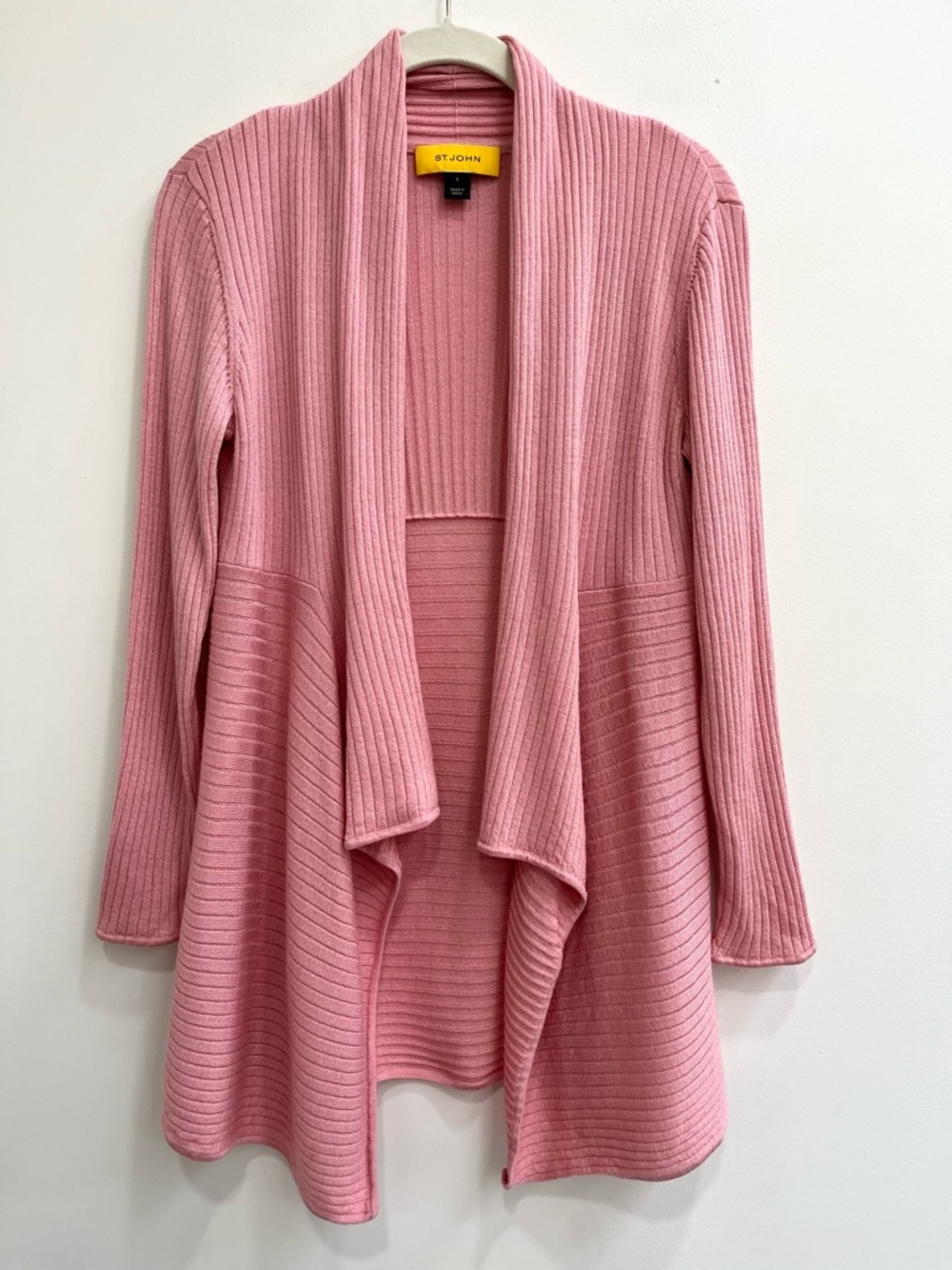 St.John pink flyaway cardigan open front waterfall long line wool blend ribbed S